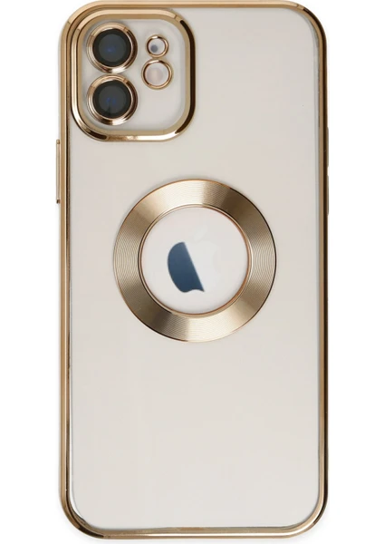 Apple iPhone 11 Kapak Yanları Renkli Lens Korumalı Logo Gösteren Şeffaf Luxury Silikon Kılıf - Gold