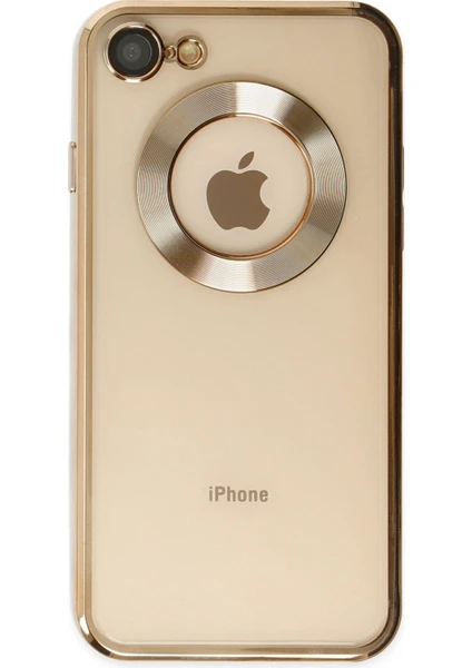 Kzy Apple iPhone 8 Kapak Yanları Renkli Lens Korumalı Logo Gösteren Şeffaf Luxury Silikon Kılıf - Gold