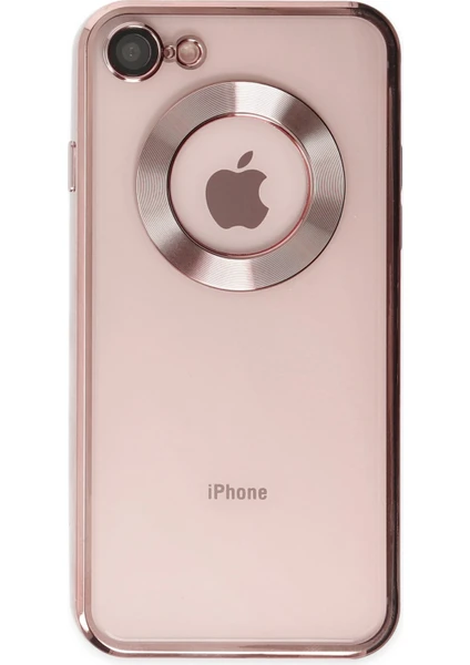 Kzy Apple iPhone 8 Kapak Yanları Renkli Lens Korumalı Logo Gösteren Şeffaf Luxury Silikon Kılıf - Rose Gold