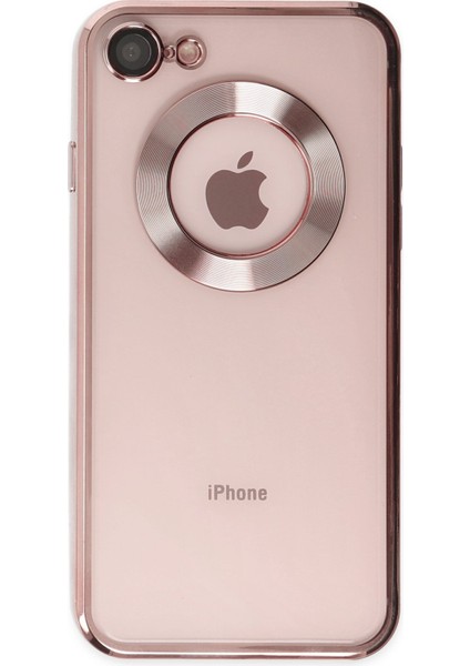 Apple iPhone Se 3 2022 Kapak Yanları Renkli Lens Korumalı Logo Gösteren Şeffaf Luxury Silikon Kılıf - Rose Gold