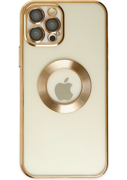 Apple iPhone 12 Pro Kapak Yanları Renkli Lens Korumalı Logo Gösteren Şeffaf Luxury Silikon Kılıf - Gold