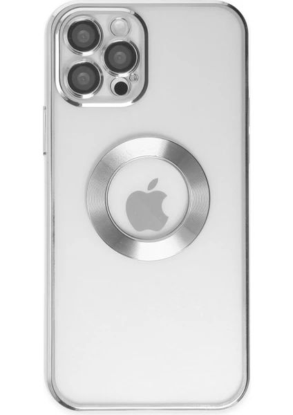 Kzy Apple iPhone 12 Pro Kapak Yanları Renkli Lens Korumalı Logo Gösteren Şeffaf Luxury Silikon Kılıf - Gri