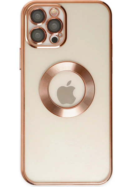 Kzy Apple iPhone 12 Pro Kapak Yanları Renkli Lens Korumalı Logo Gösteren Şeffaf Luxury Silikon Kılıf - Rose Gold