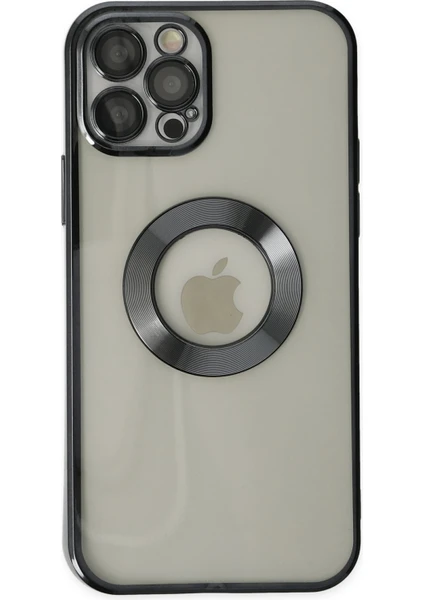 Kzy Apple iPhone 12 Pro Kapak Yanları Renkli Lens Korumalı Logo Gösteren Şeffaf Luxury Silikon Kılıf - Siyah