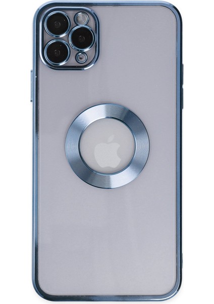 Apple iPhone 11 Pro Max Kapak Yanları Renkli Lens Korumalı Logo Gösteren Şeffaf Luxury Silikon Kılıf - Açık Mavi