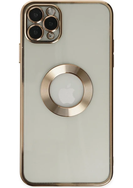 Kzy Apple iPhone 11 Pro Max Kapak Yanları Renkli Lens Korumalı Logo Gösteren Şeffaf Luxury Silikon Kılıf - Gold