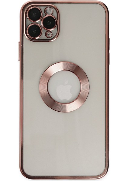 Apple iPhone 11 Pro Max Kapak Yanları Renkli Lens Korumalı Logo Gösteren Şeffaf Luxury Silikon Kılıf - Rose Gold