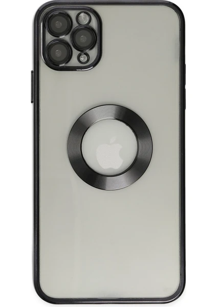 Kzy Apple iPhone 11 Pro Max Kapak Yanları Renkli Lens Korumalı Logo Gösteren Şeffaf Luxury Silikon Kılıf - Siyah