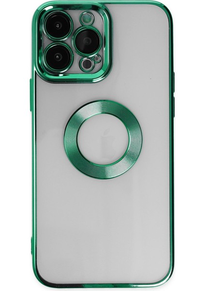 Apple iPhone 14 Pro Max Kapak Yanları Renkli Lens Korumalı Logo Gösteren Şeffaf Luxury Silikon Kılıf - Yeşil