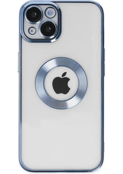 Caseart Apple iPhone 14 Plus Kapak Yanları Renkli Lens Korumalı Logo Gösteren Şeffaf Luxury Silikon Kılıf - Açık Mavi