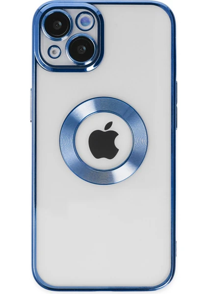 Caseart Apple iPhone 14 Plus Kapak Yanları Renkli Lens Korumalı Logo Gösteren Şeffaf Luxury Silikon Kılıf - Mavi