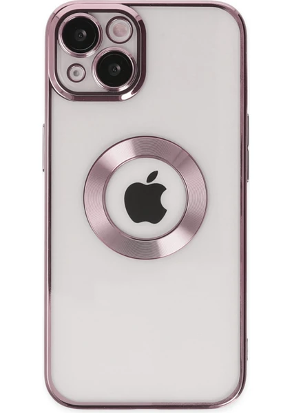 Caseart Apple iPhone 14 Plus Kapak Yanları Renkli Lens Korumalı Logo Gösteren Şeffaf Luxury Silikon Kılıf - Rose Gold