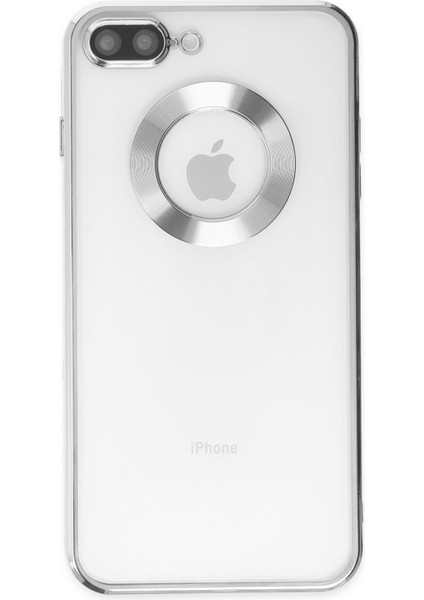 Apple iPhone 8 Plus Kapak Yanları Renkli Lens Korumalı Logo Gösteren Şeffaf Luxury Silikon Kılıf - Gri