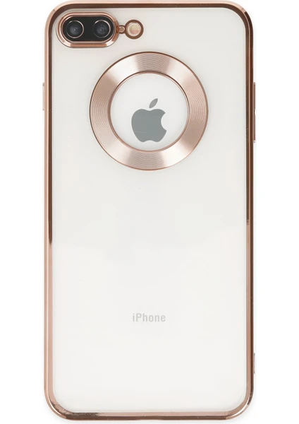 Caseart Apple iPhone 8 Plus Kapak Yanları Renkli Lens Korumalı Logo Gösteren Şeffaf Luxury Silikon Kılıf - Rose Gold