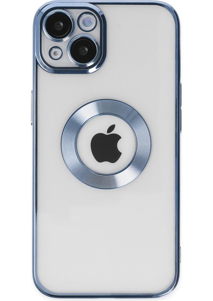 Caseworld Apple iPhone 14 Plus Kapak Yanları Renkli Lens Korumalı Logo Gösteren Şeffaf Luxury Silikon Kılıf - Açık Mavi
