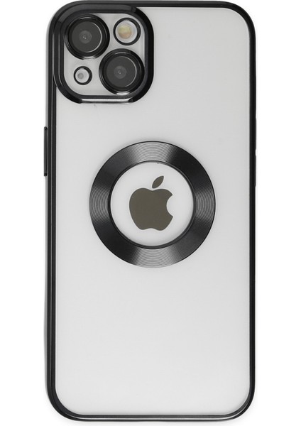 Caseworld Apple iPhone 14 Kapak Yanları Renkli Lens Korumalı Logo Gösteren Şeffaf Luxury Silikon Kılıf - Siyah