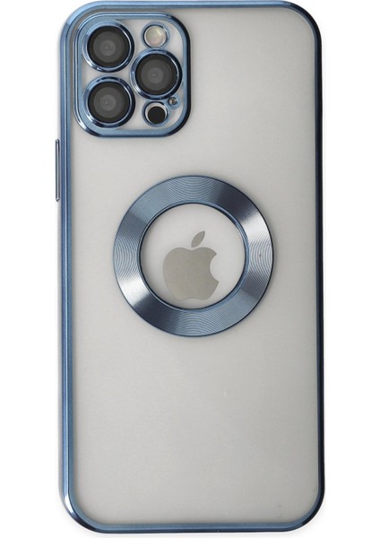 Caseworld Apple iPhone 12 Pro Kapak Yanları Renkli Lens Korumalı Logo Gösteren Şeffaf Luxury Silikon Kılıf - Açık Mavi