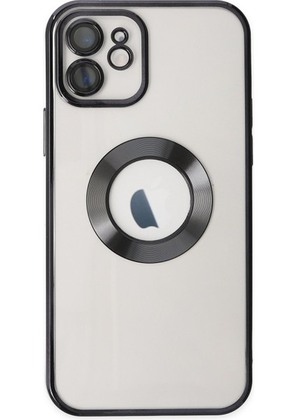Caseworld Apple iPhone 12 Kapak Yanları Renkli Lens Korumalı Logo Gösteren Şeffaf Luxury Silikon Kılıf - Siyah