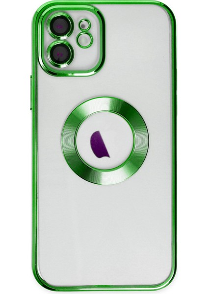 Caseworld Apple iPhone 12 Kapak Yanları Renkli Lens Korumalı Logo Gösteren Şeffaf Luxury Silikon Kılıf - Yeşil