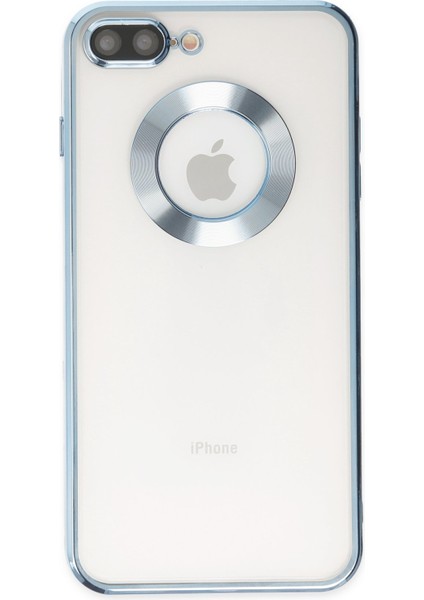 Caseworld Apple iPhone 8 Plus Kapak Yanları Renkli Lens Korumalı Logo Gösteren Şeffaf Luxury Silikon Kılıf - Açık Mavi