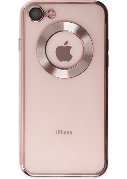 Caseworld Apple iPhone 8 Kapak Yanları Renkli Lens Korumalı Logo Gösteren Şeffaf Luxury Silikon Kılıf - Rose Gold