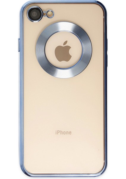 Caseworld Apple iPhone 7 Kapak Yanları Renkli Lens Korumalı Logo Gösteren Şeffaf Luxury Silikon Kılıf - Açık Mavi
