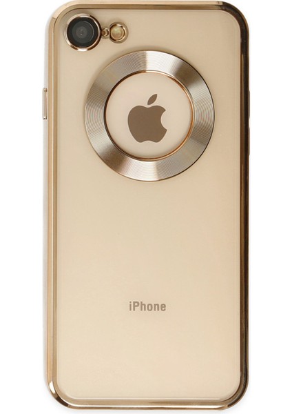 Caseworld Apple iPhone Se 3 2022 Kapak Yanları Renkli Lens Korumalı Logo Gösteren Şeffaf Luxury Silikon Kılıf - Gold