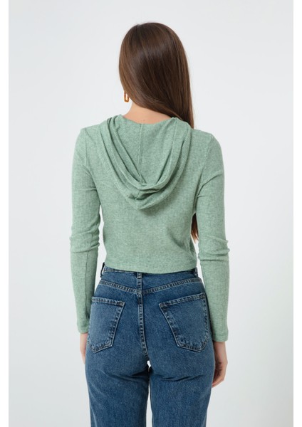 Kadın Yeşil Önü Fermuarlı Örme Crop Bluz indirimleri