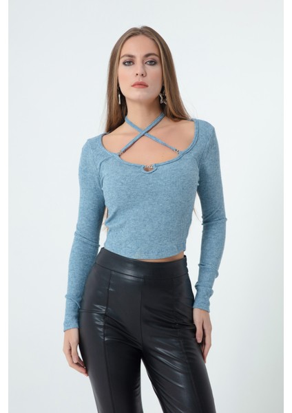 Kadın Mavi Metal Aksesuarlı Örme Crop
