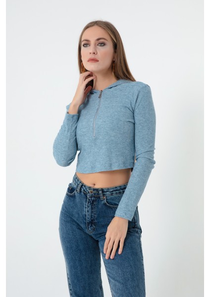 Kadın Mavi Önü Fermuarlı Örme Crop Bluz