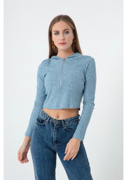 Kadın Mavi Önü Fermuarlı Örme Crop Bluz