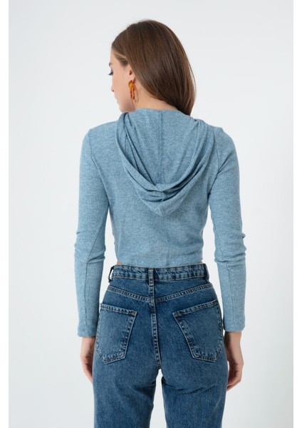 Kadın Mavi Önü Fermuarlı Örme Crop Bluz