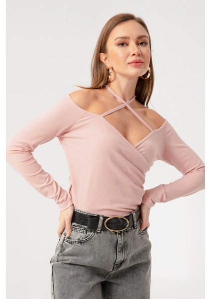 Kadın Pudra Bağlamalı Örme Bluz modelleri