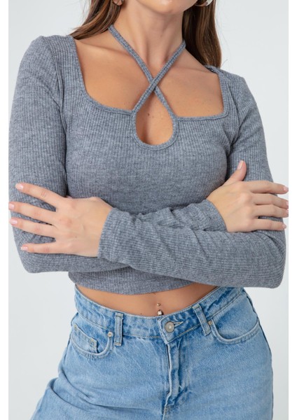 Kadın Gri Uzun Kollu Örme Crop