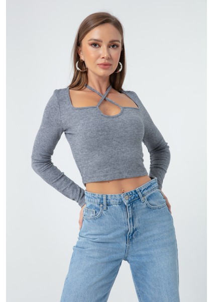 Kadın Gri Uzun Kollu Örme Crop