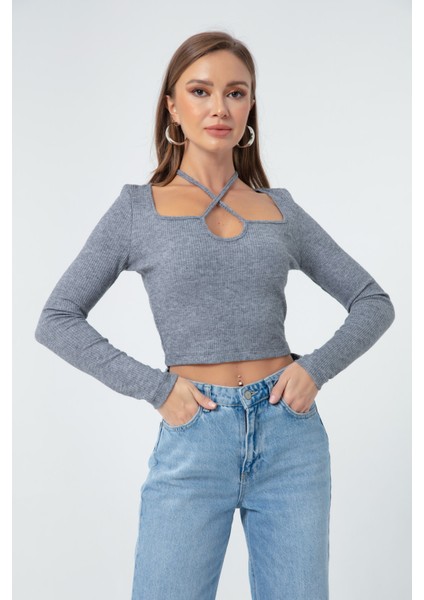 Kadın Gri Uzun Kollu Örme Crop