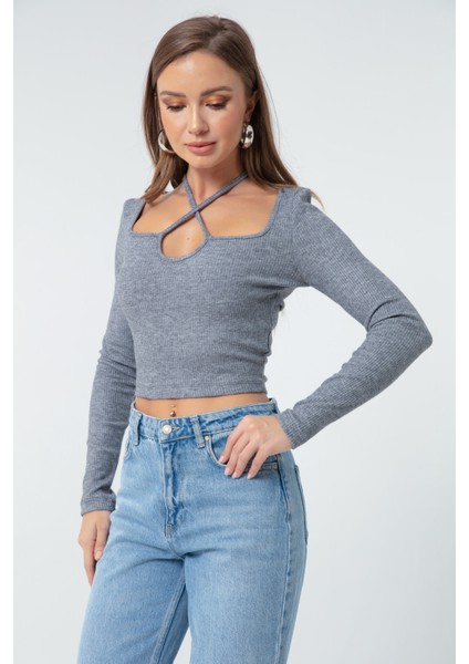 Kadın Gri Uzun Kollu Örme Crop