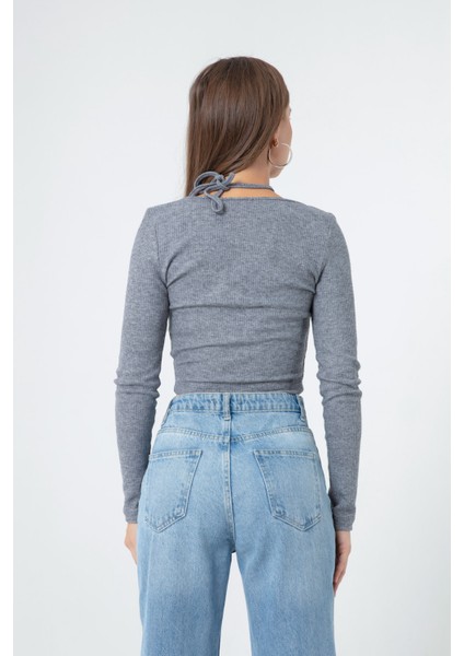 Kadın Gri Uzun Kollu Örme Crop