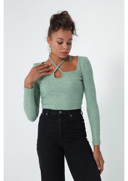 Kadın Yeşil Uzun Kollu Örme Crop