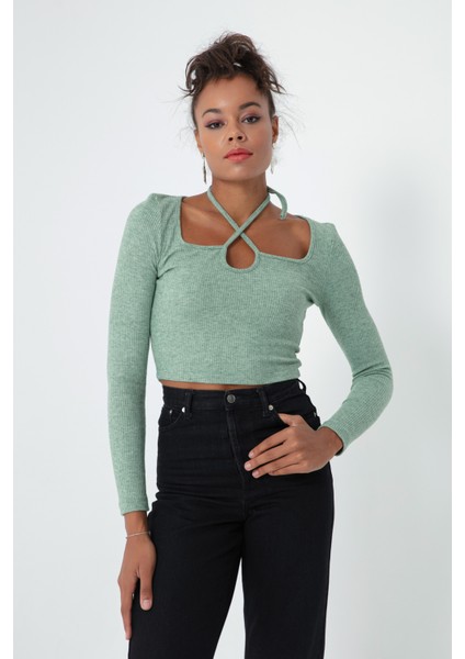 Kadın Yeşil Uzun Kollu Örme Crop