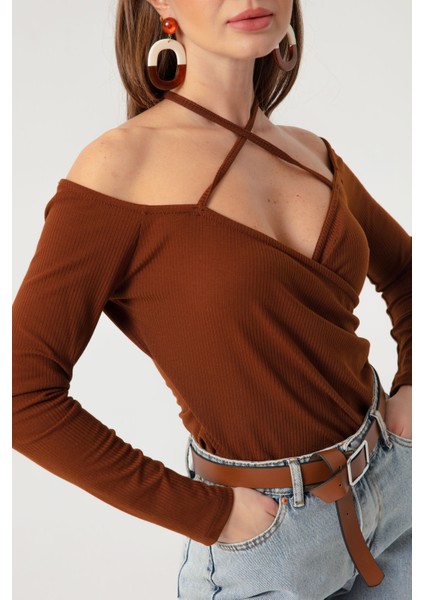 Kadın Kahverengi Bağlamalı Örme Bluz modelleri