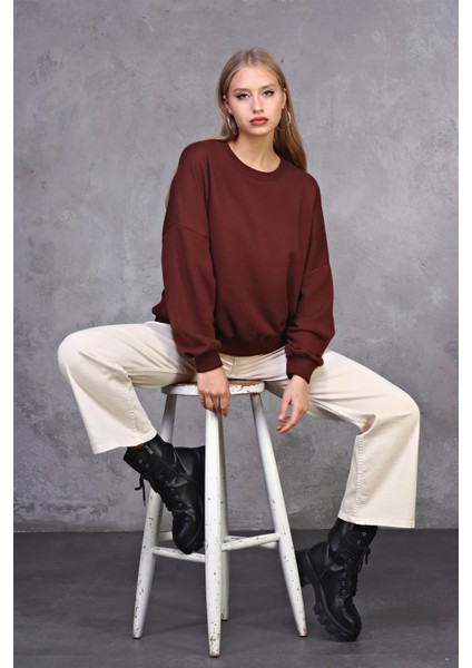 Fancy Kadın Bisiklet Yaka Yumuşacık İçi Pamuklu Oversize Basic Kalın Sweatshirt