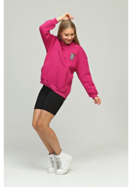 Fancy Kadın Kapüşonlu Yumuşacık İçi Pamuklu Göğsü Nakışlı Kanguru Cepli Sweatshirt