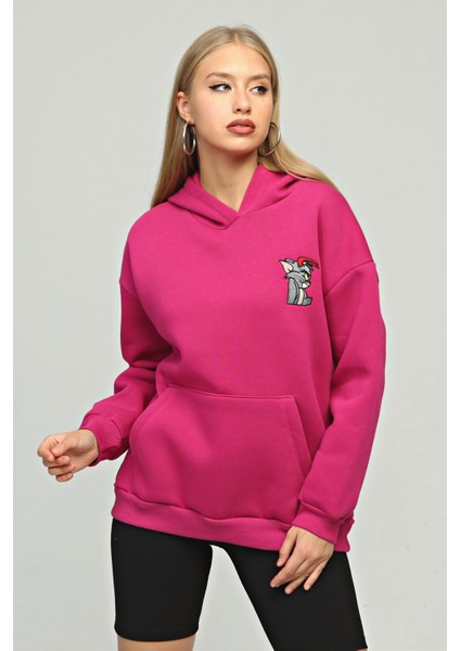 Fancy Kadın Kapüşonlu Yumuşacık İçi Pamuklu Göğsü Nakışlı Kanguru Cepli Sweatshirt modelleri
