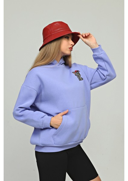 Fancy Kadın Kapüşonlu Yumuşacık İçi Pamuklu Göğsü Nakışlı Kanguru Cepli Sweatshirt