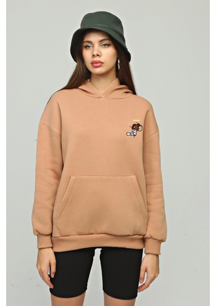 Fancy Kadın Kapüşonlu Yumuşacık İçi Pamuklu Göğsü Nakışlı Kanguru Cepli Sweatshirt