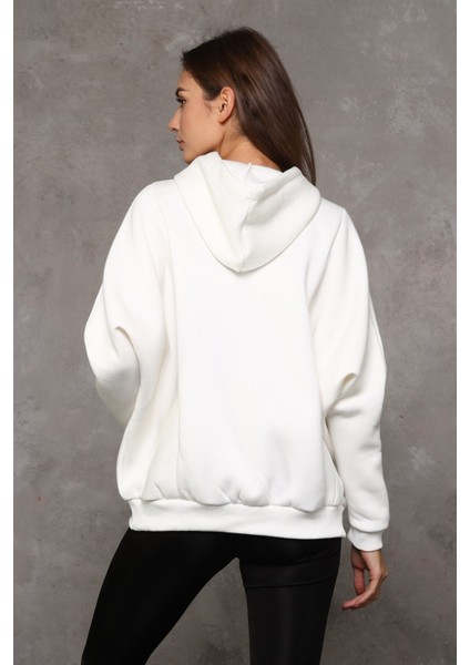 Fancy Kadın Kapüşonlu Yumuşacık İçi Pamuklu Yarasa Kol Oversize Kalın Sweatshirt