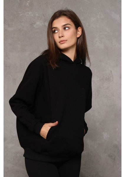 Fancy Kadın Kapüşonlu Yumuşacık İçi Pamuklu Yarasa Kol Oversize Kalın Sweatshirt