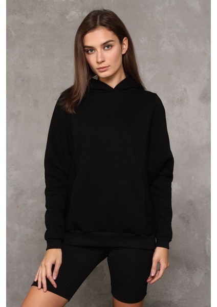 Fancy Kadın Kapüşonlu Yumuşacık İçi Pamuklu Yarasa Kol Oversize Kalın Sweatshirt