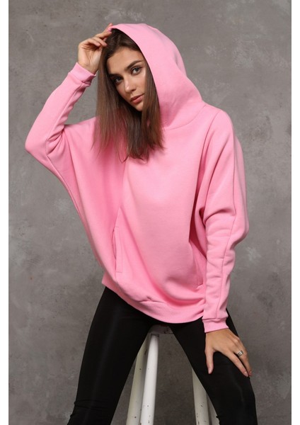 Fancy Kadın Kapüşonlu Yumuşacık İçi Pamuklu Yarasa Kol Oversize Kalın Sweatshirt